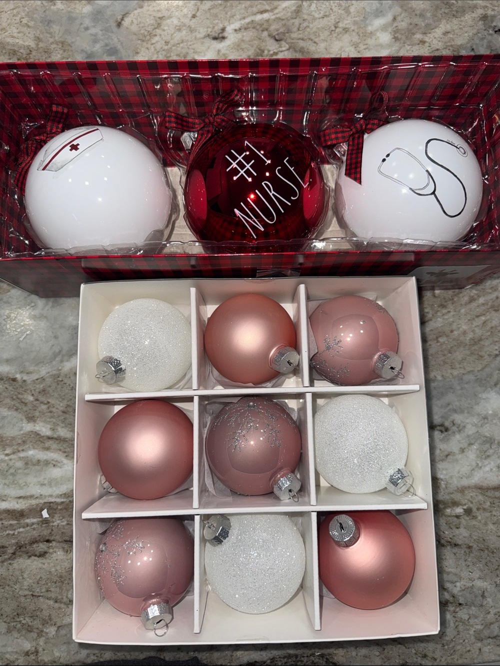 Rae Dunn Nurse Red & Martha Stewart Rose Gold Holiday Ornament Set